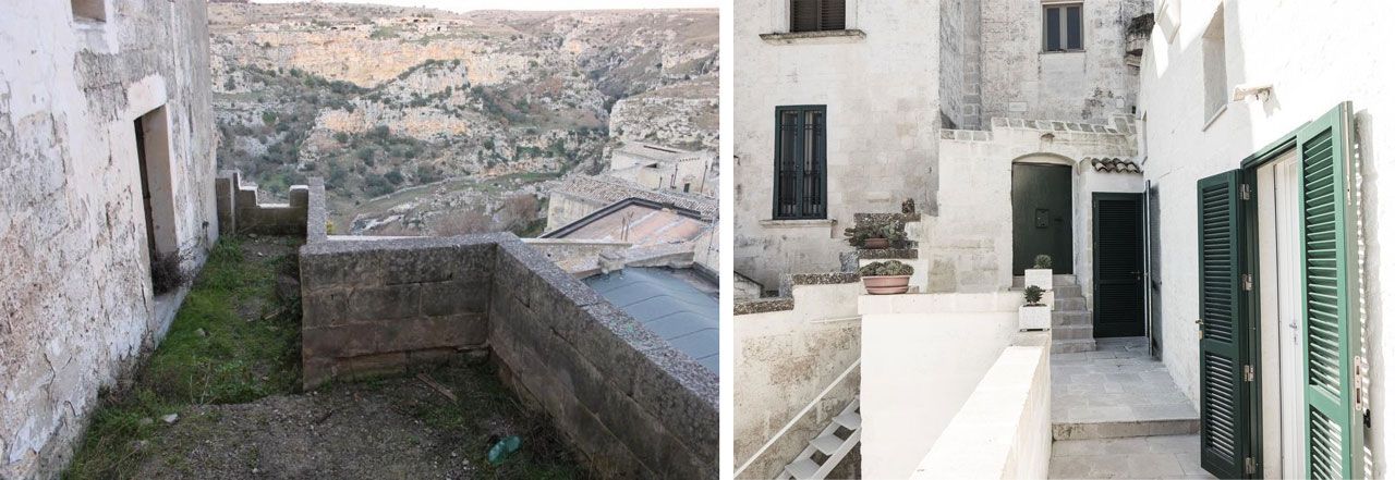 Il terrazzino prima dell’intervento (foto a sinistra). Nel controcampo a destra si vede l’agglomerato compatto delle case dei Sassi.
