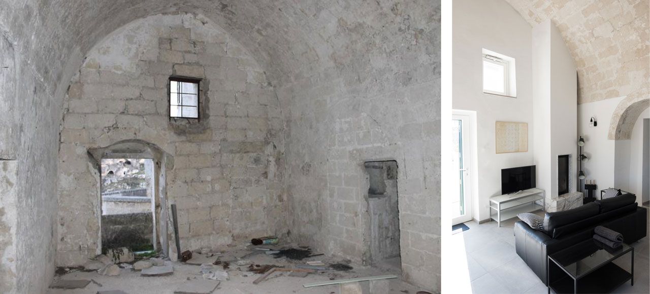 A sinistra, la vista dall’interno verso il terrazzino d’ingresso prima dei lavori di quello che oggi è il living. Nell’angolo destro della parete è stato costruito un camino che sfrutta una canna fumaria preesistente.