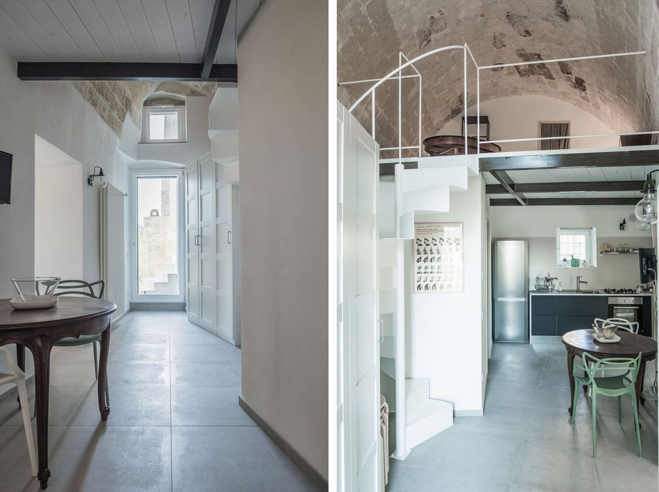 Nell’unità dell’ingresso si trovano i servizi, la cucina e lo studio. La luce delle poche aperture è stata sfruttata al meglio.