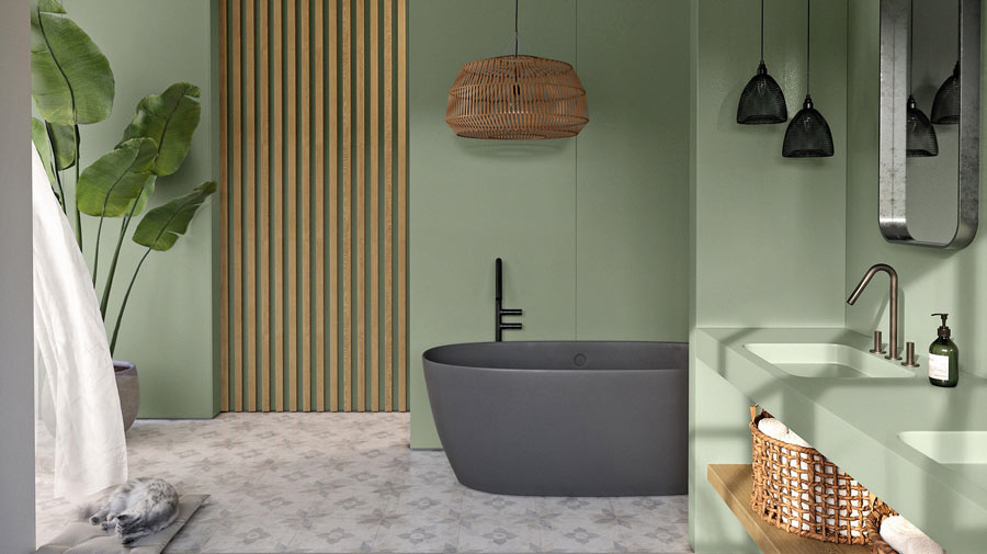 The colorful bathroom is a green oasis