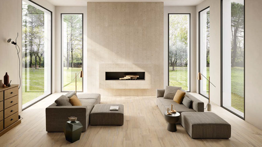 Il camino scultura incornicia il living