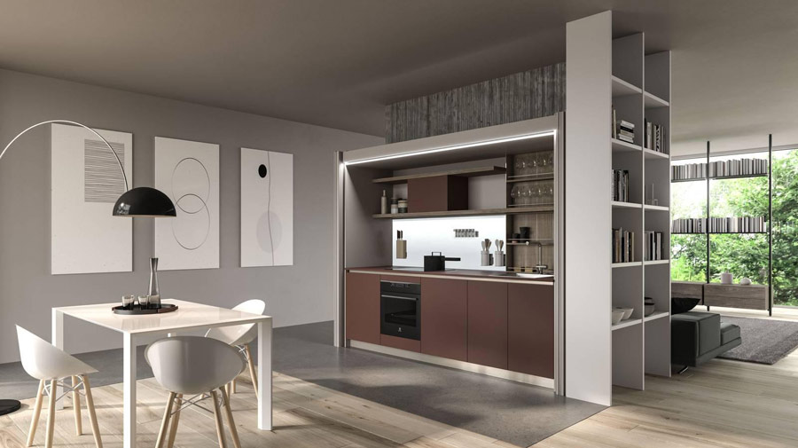 The kitchen disappears into the closet