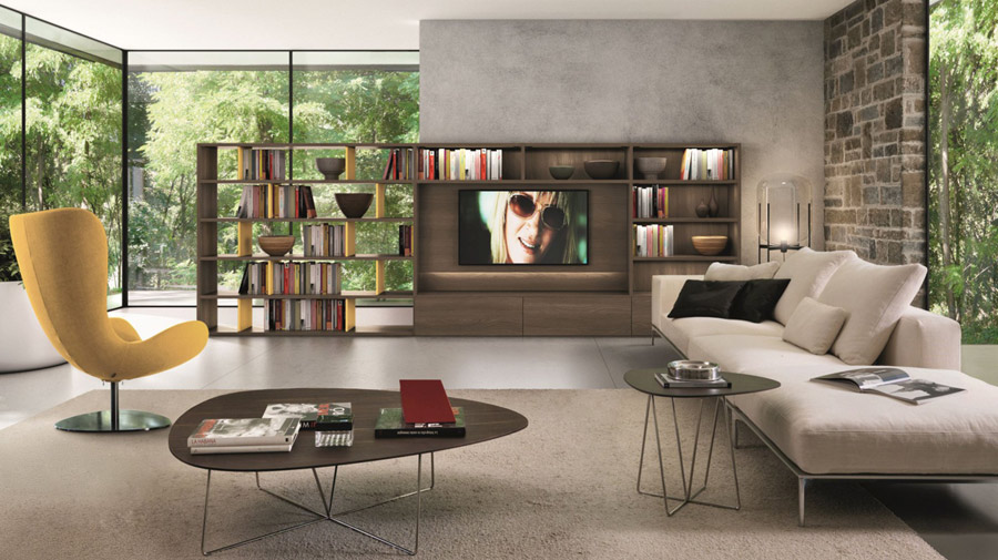 The open bookcase frames the living room
