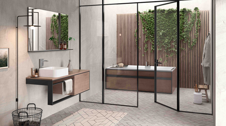 The framed bathtub creates a domestic spa