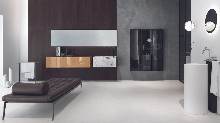 The black and white bathroom copies living room style