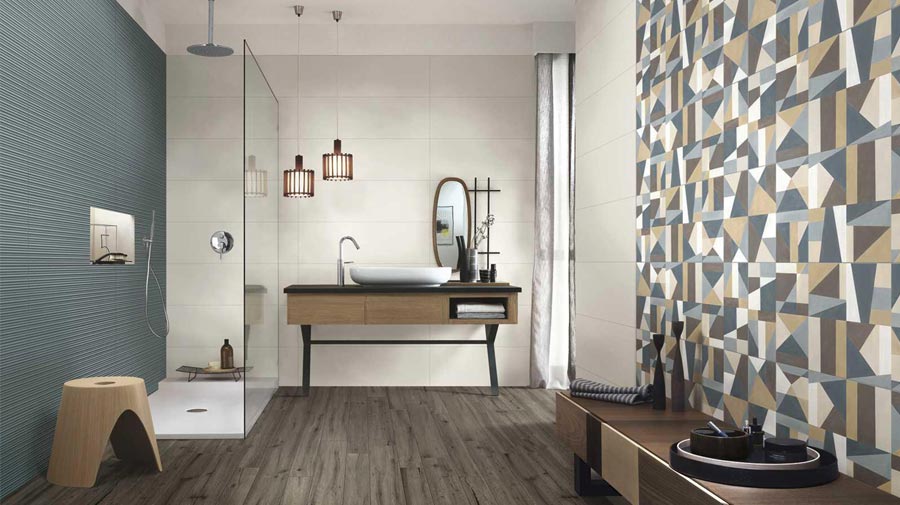 Wood and geometric patterns for the modern bathroom