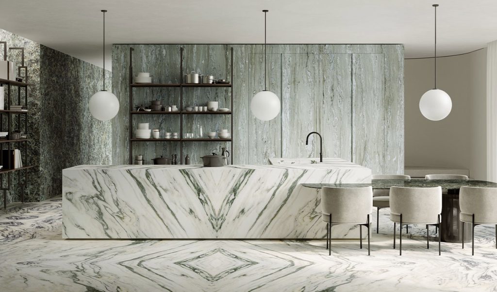 Marazzi first offered large-format porcelain stoneware slabs for walls and floors in the Grande collection.